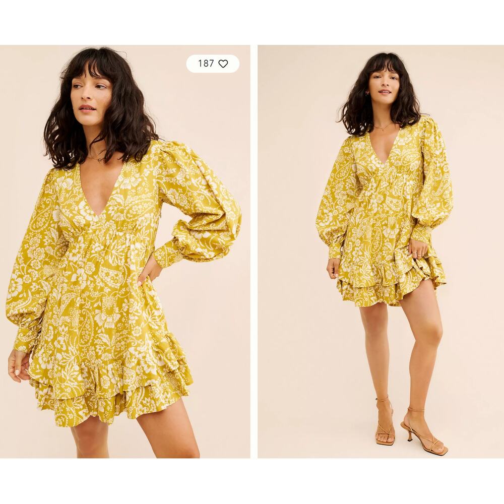 NWT Maeve‎ V-Neck Frill Puff Sleeve Mini Dress Size XS Chartreuse Cotton
